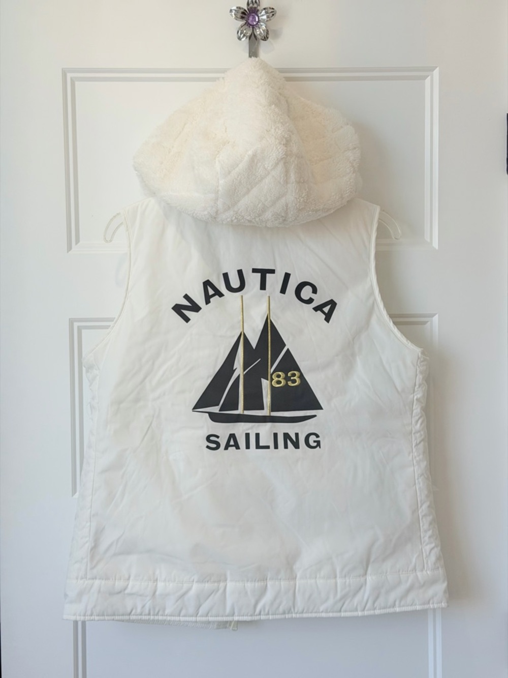 Nautica White Hooded Sailing Puffer Vest with Graphic